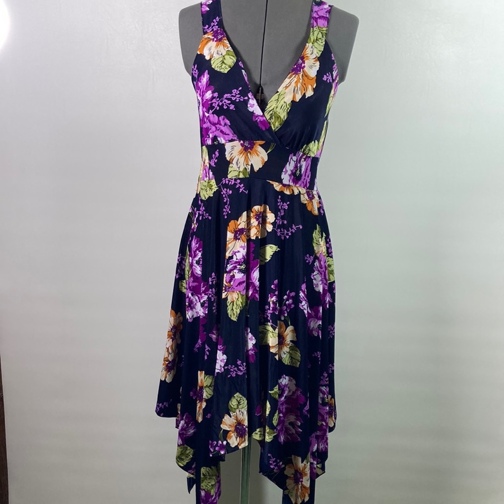 Plunge Neck Floral Tie Back Scalloped High Low Hem Line Dress Size M